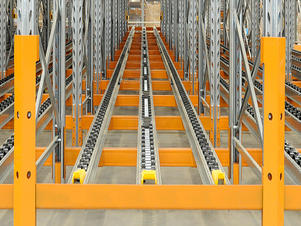 Close up of a pallet live storage system.