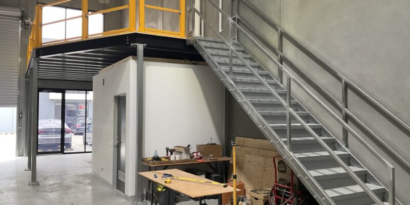 Custom fabricated mezzanine level in warehouse.